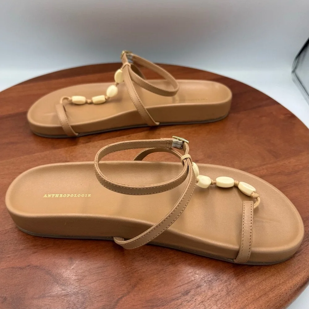 Anthropologie‎ Toe Loop Shell Sandals Tan Leather Ankle Strap Thongs Coastal W 7